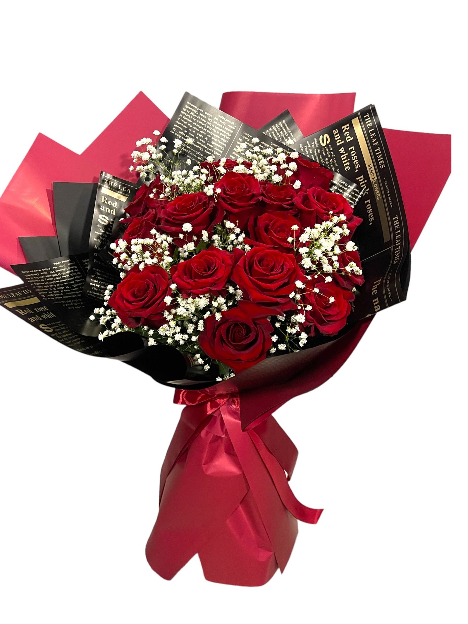 Ανθοδέσμη με Kόκκινα Τριαντάφυλλα Ελληνικά, Φύλλωμα και Γυψόφυλλο